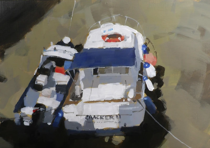 Acrylic painting of a river with trees and a bridge