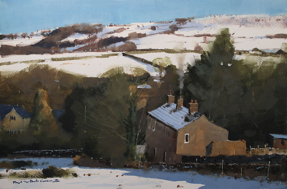 watercolour painting of a cottage set in the bottom of a snowy valley