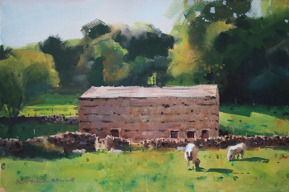 Yorkshire Dales barn with trees and two sheep