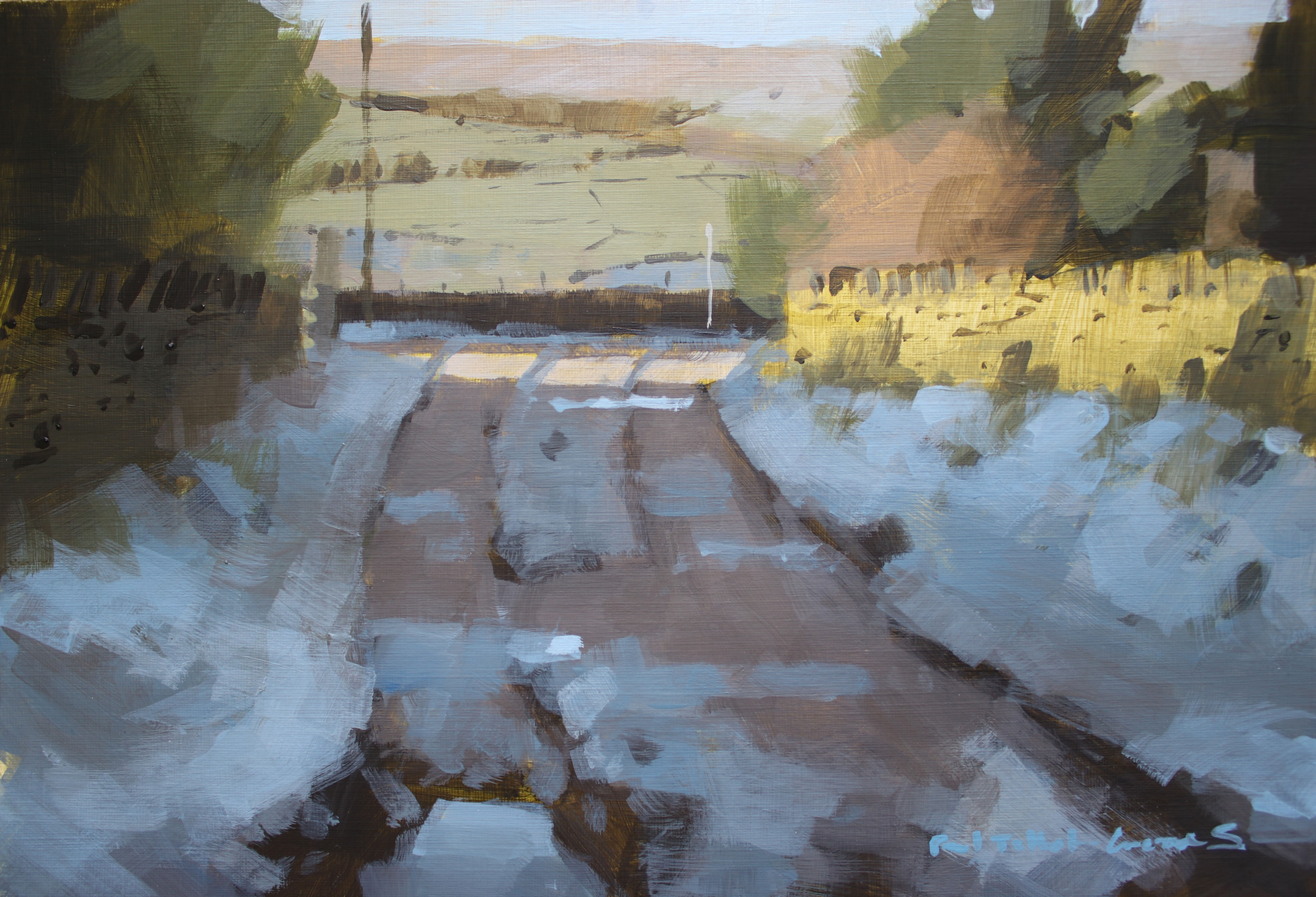 Acrylic painting of a winter scene with cold foreground shadows and warmer distant hills.