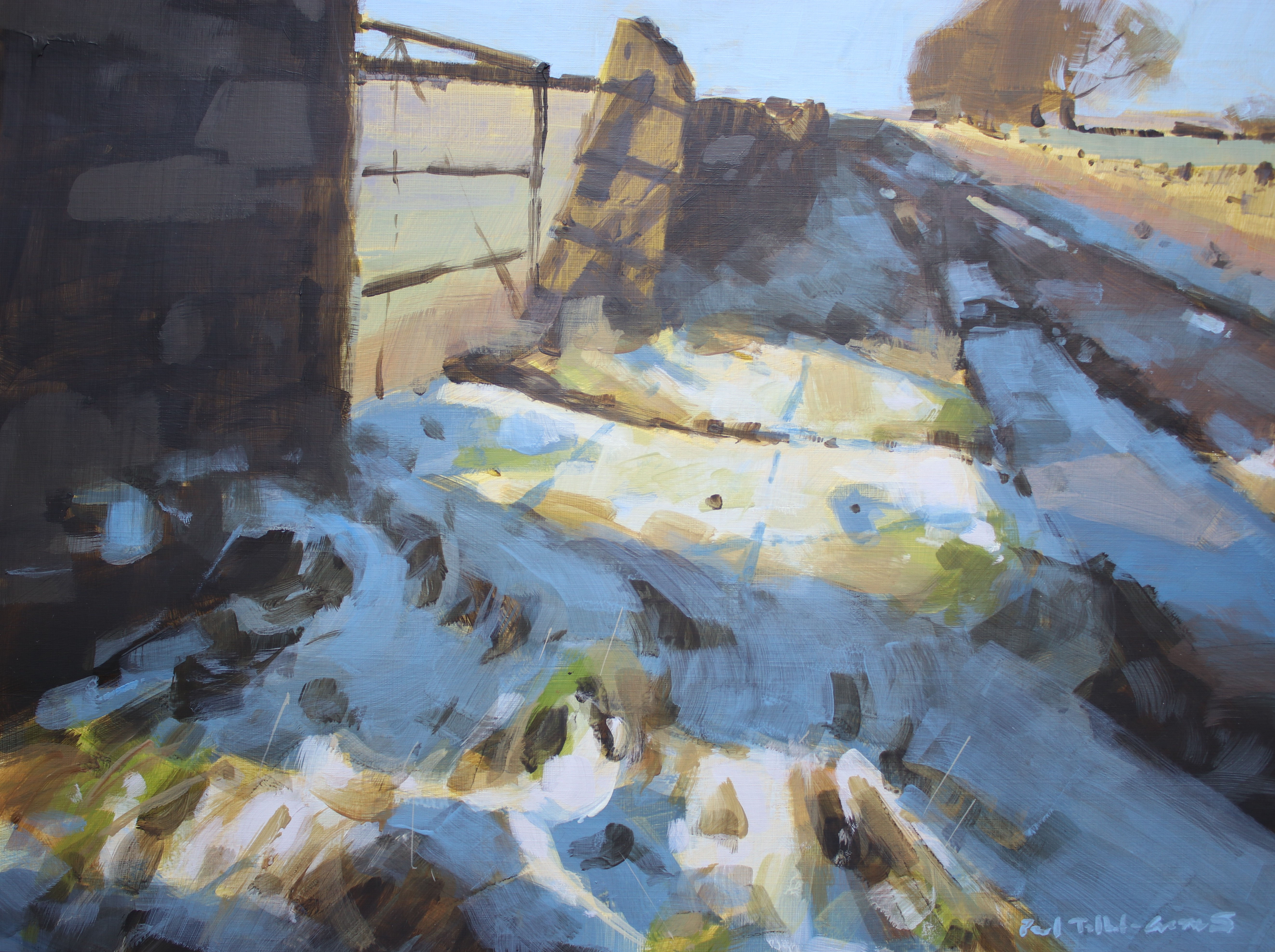 Acrylic painting of a gate and wall on a sunny winter day, with frost patches in the foreground and blue cast shadows.