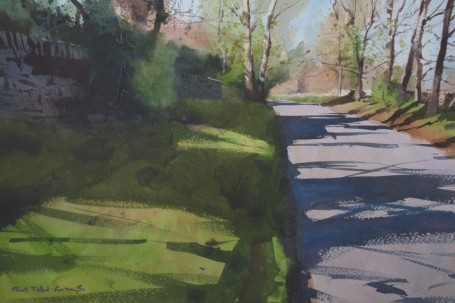 Painting of spring shadows cast across a sunny road lined with trees