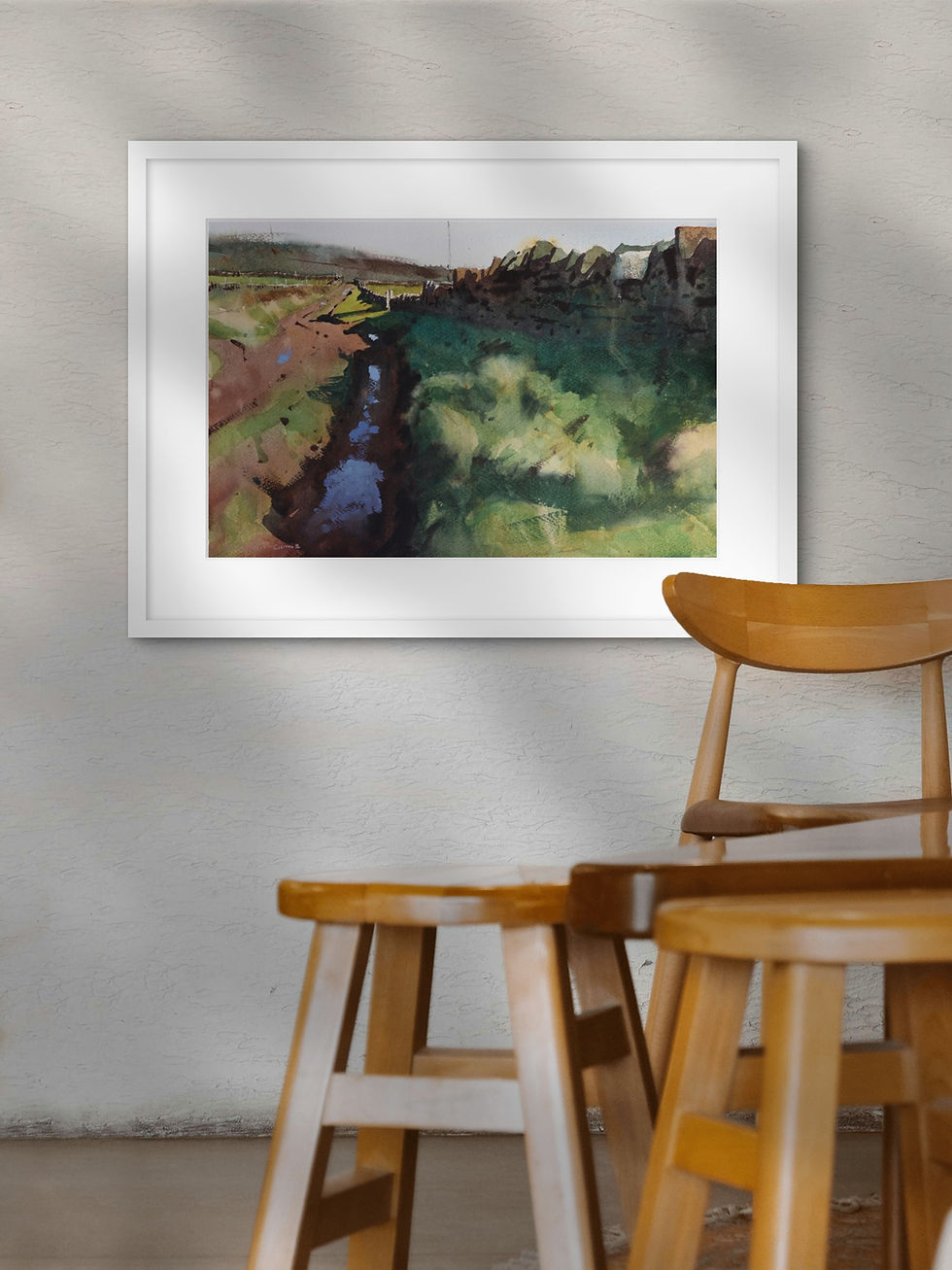 Thumbnail: Winding lane and wall. Reflections from puddles. Painting by Paul Talbot-Greaves