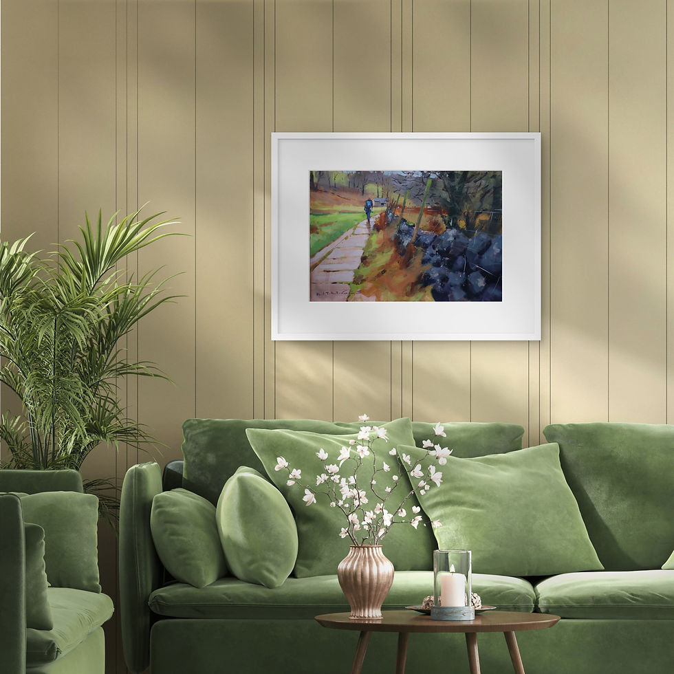 Thumbnail: A painting of a damp day in the countryside with a walker