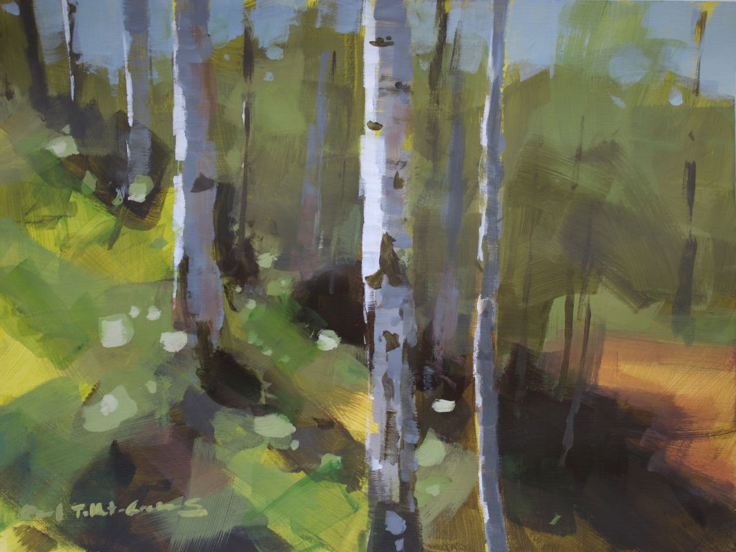 Painting of silver birch trees in a woodland setting