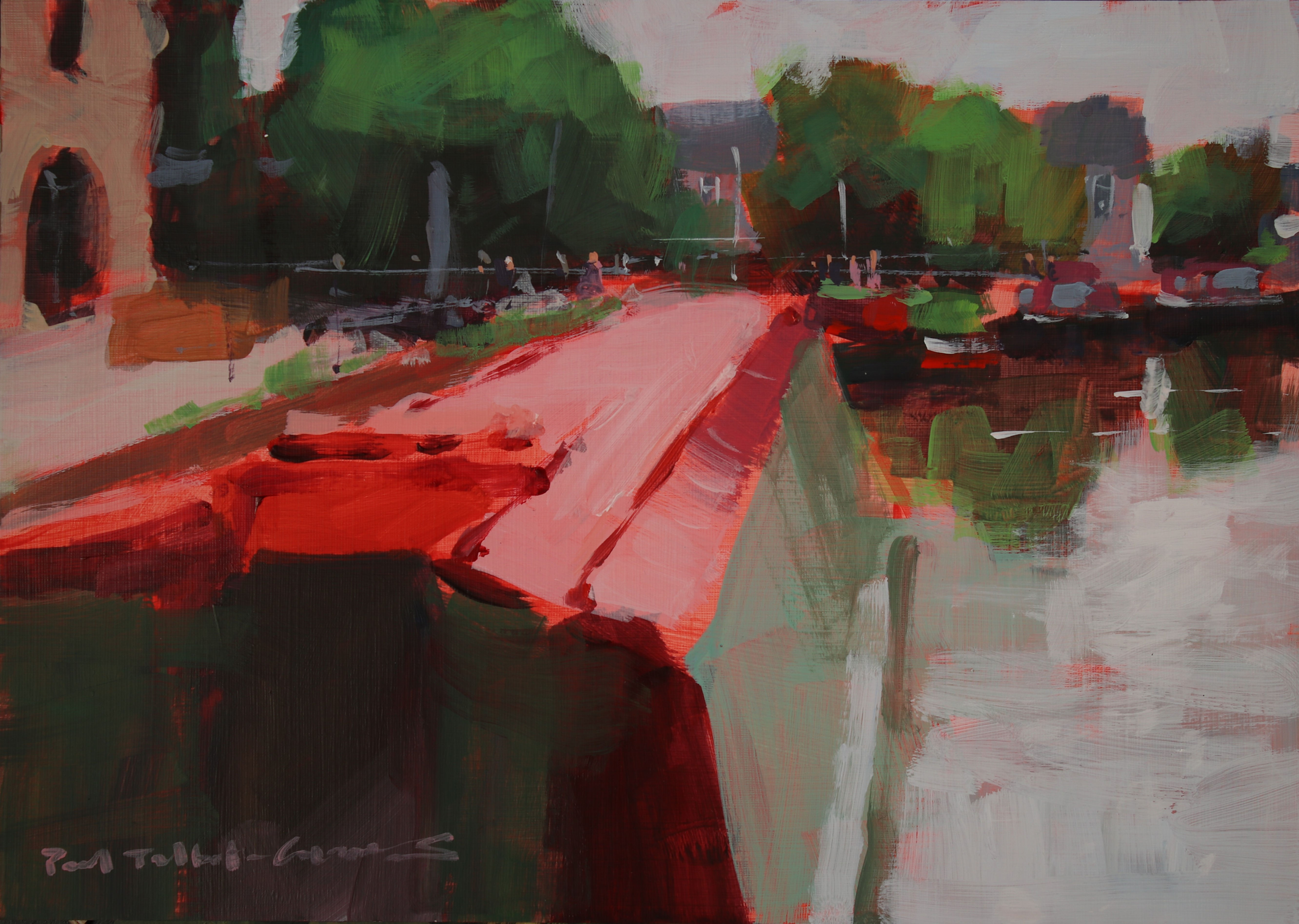 Acrylic painting of a red canal barge at the moorings