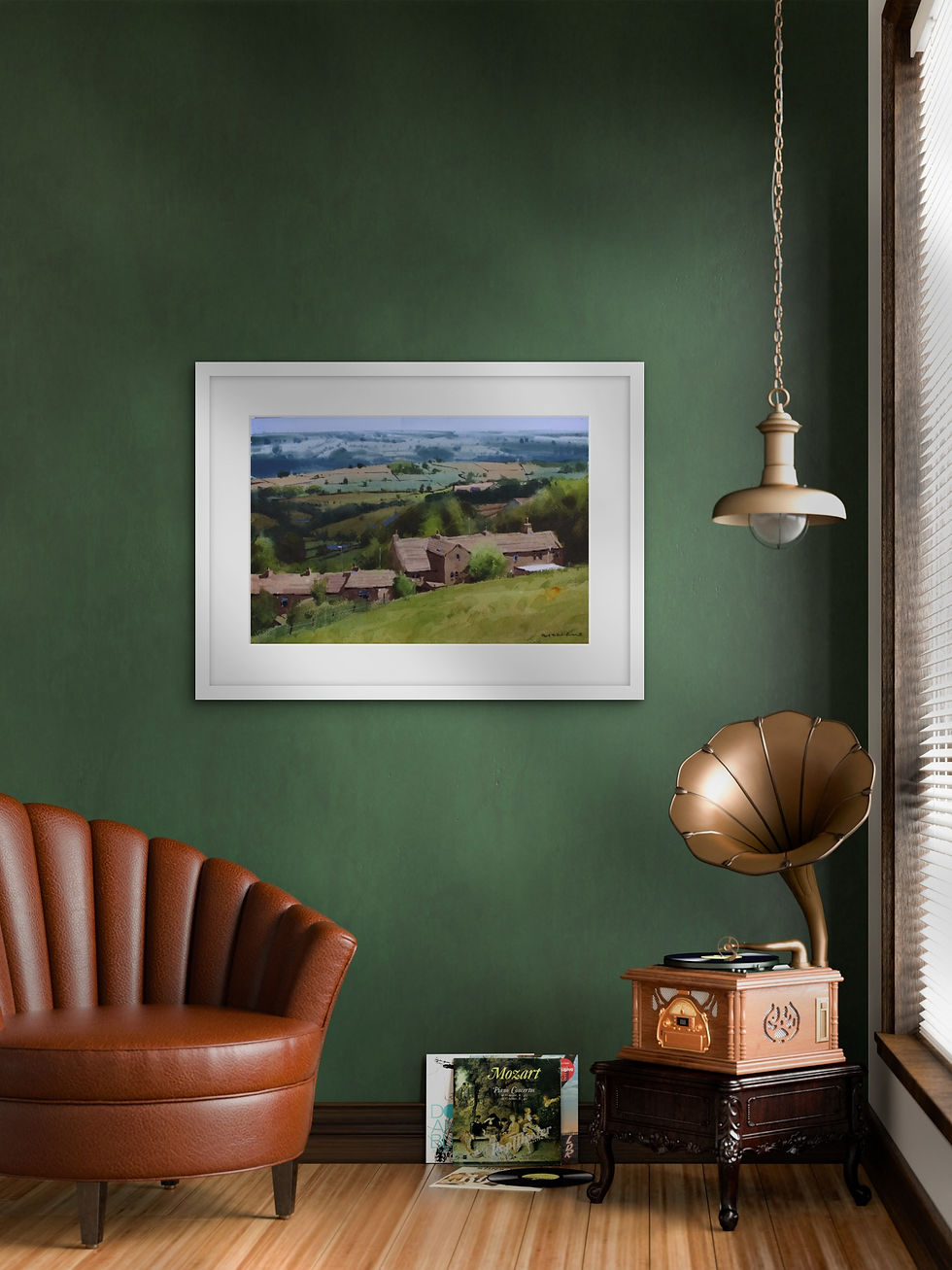 Thumbnail: Watercolour painting of cottages in the foreground with long summer views over distant hills behind