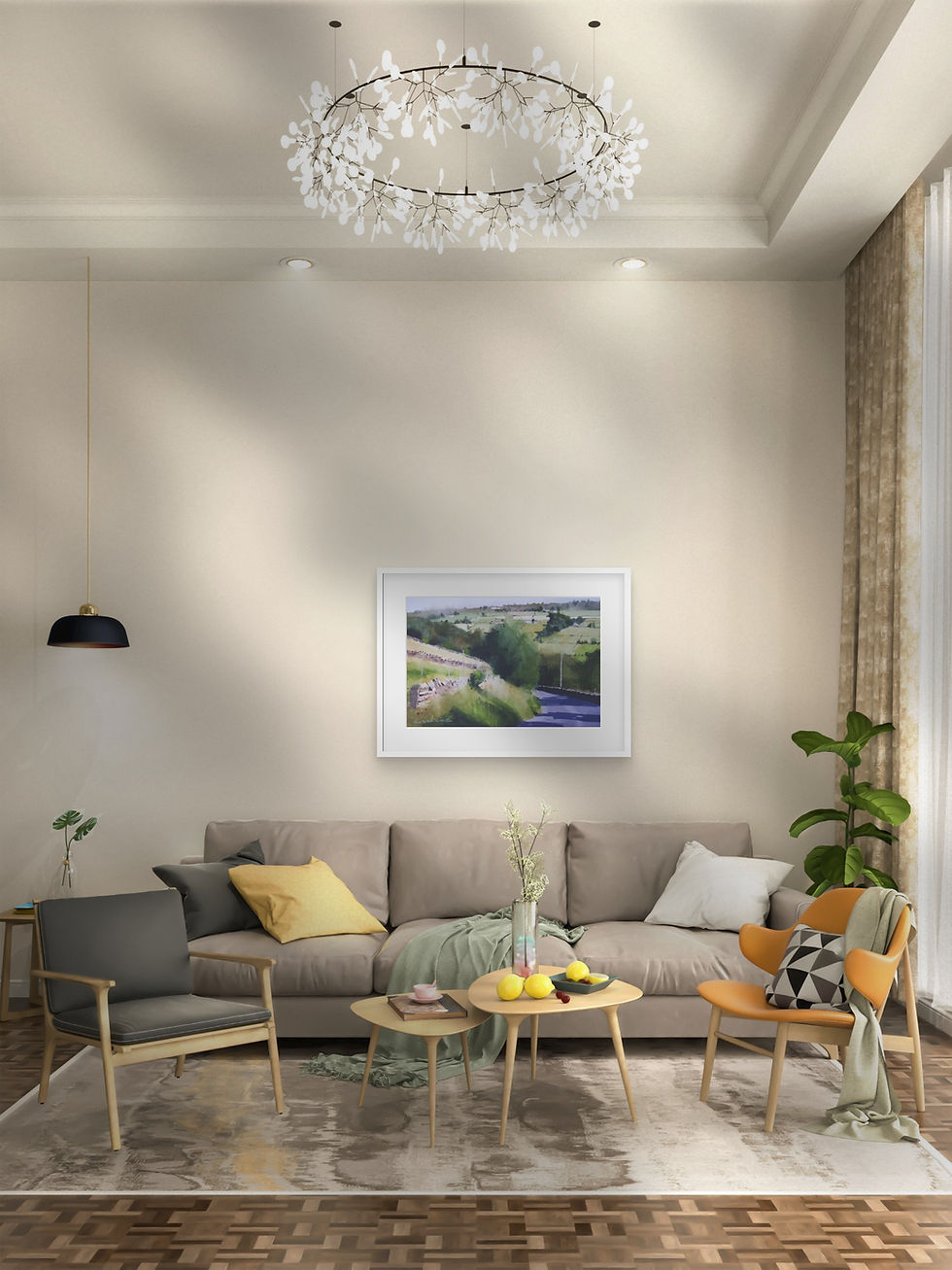 Thumbnail: Painting of a road winding down a valley in summer hanging in a lounge