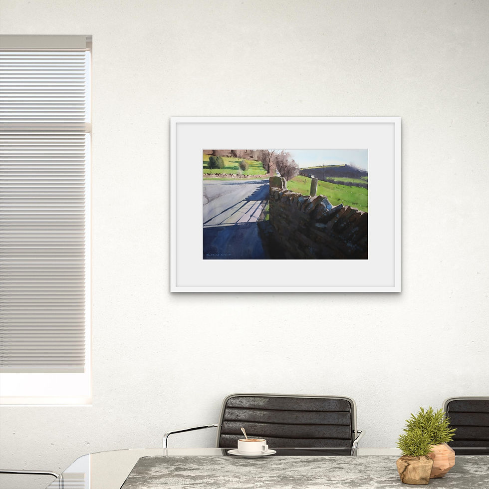 Thumbnail: Painting of a road and drystone wall with cast spring shadows