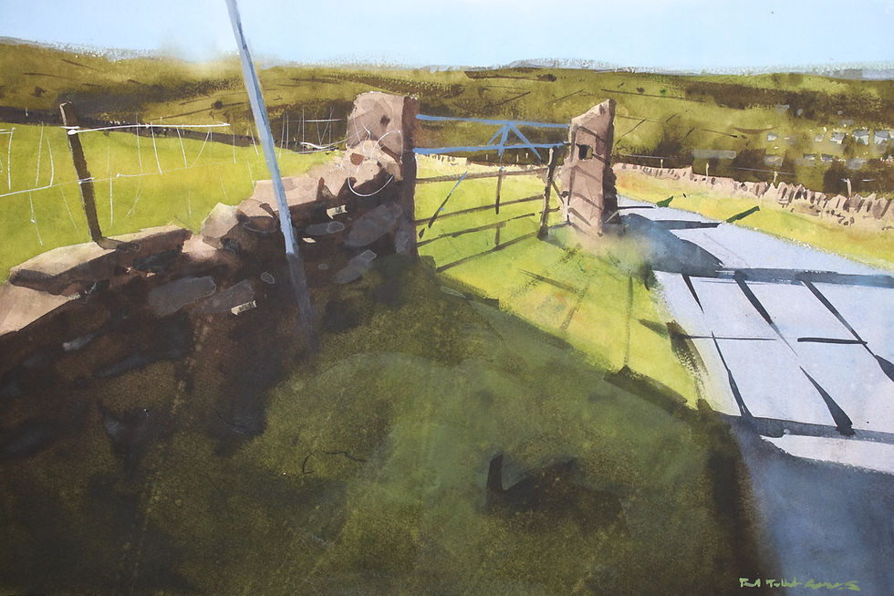 Painting of sunny fields with strong cast shadows