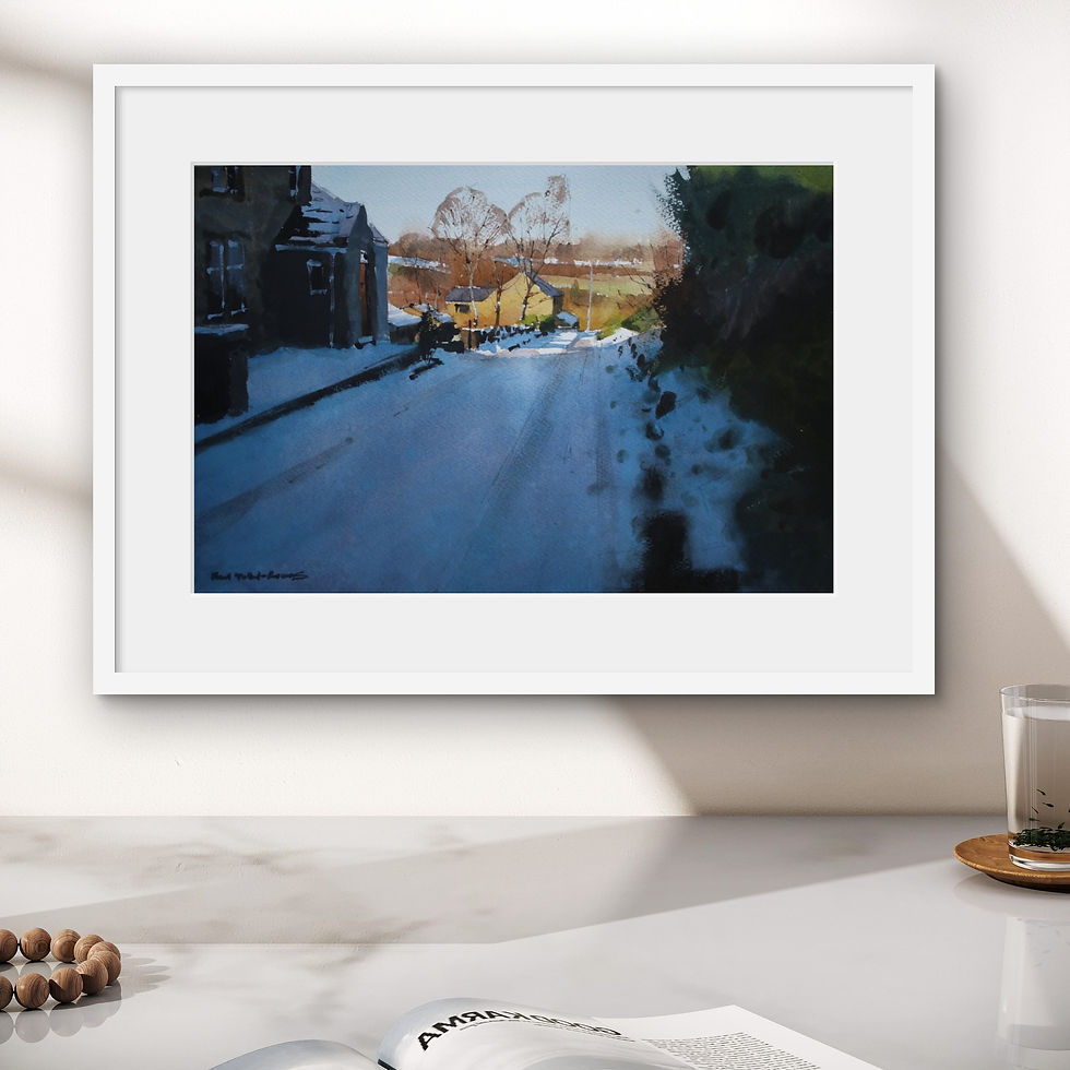 Thumbnail: Watercolour painting of a winter scene with low sun