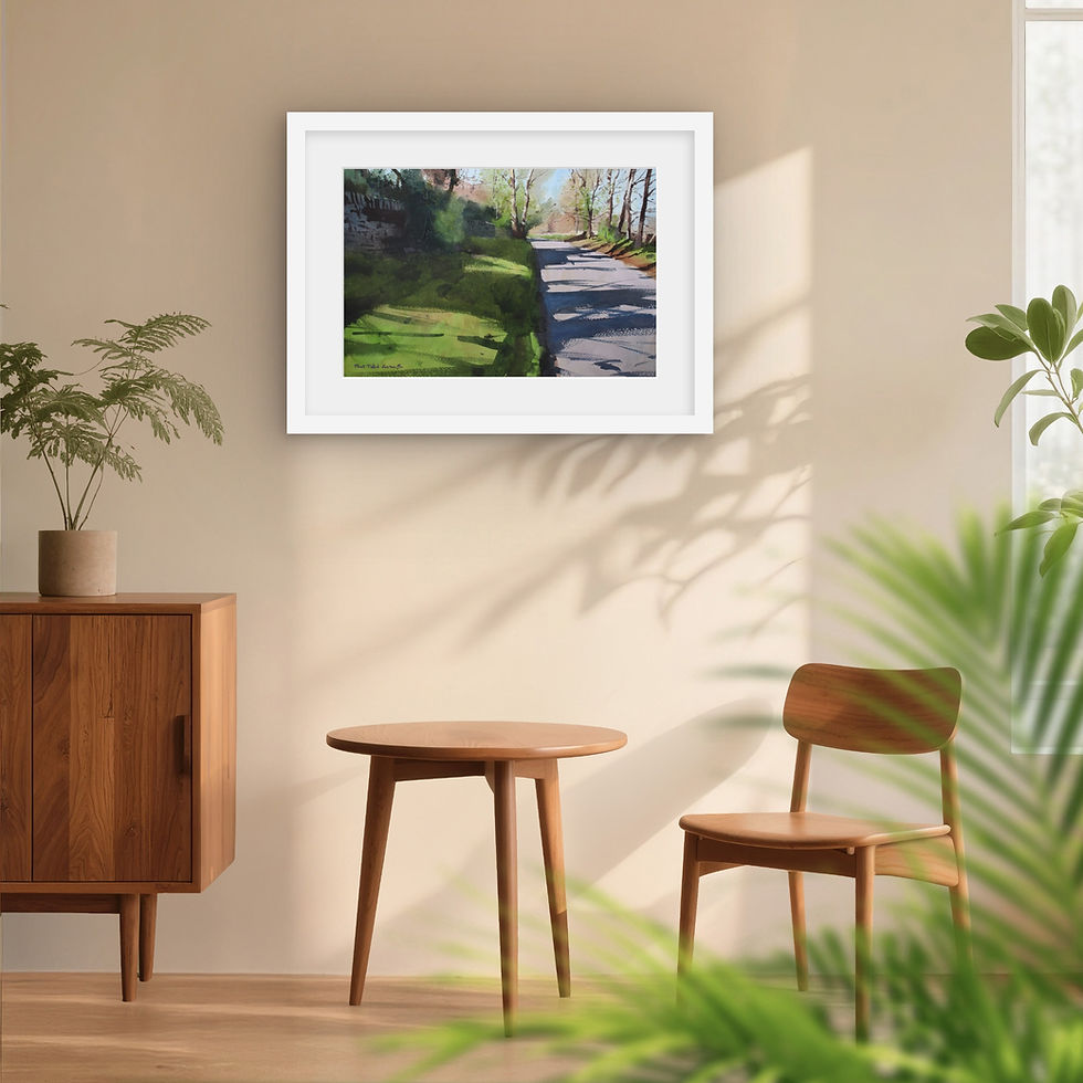 Thumbnail: watercolour painting of a road with long cast shadows  hung in an interior with table and chair