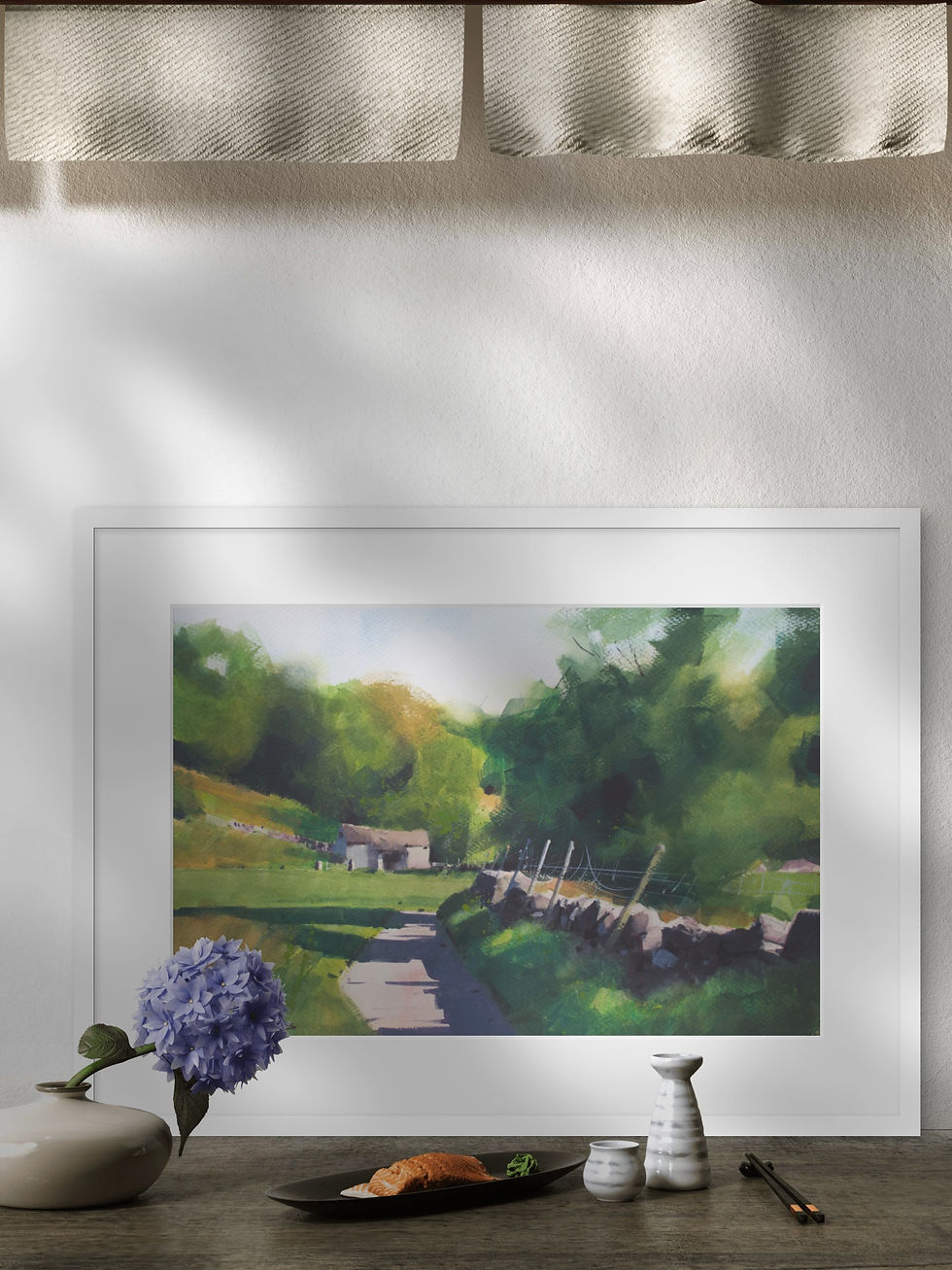 Painting of a green summer meadow and an old barn on a desk