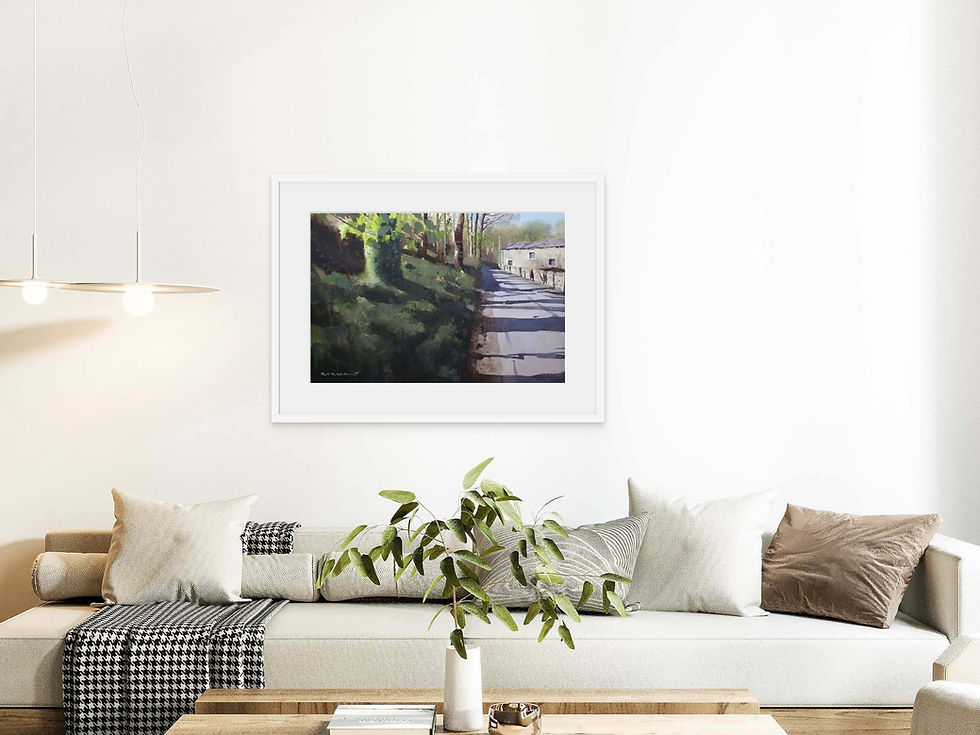 Thumbnail: Painting of a spring day with long shadows cast through trees and a banking and onto a sunlit road