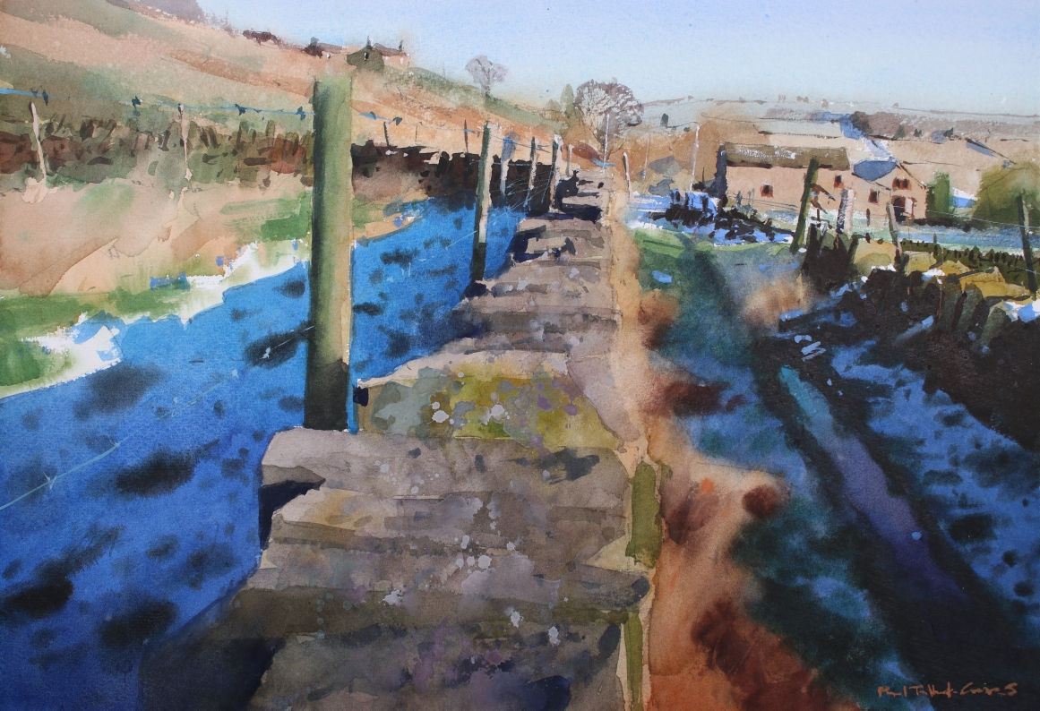 watercolour painting of snow lying in the shadows with a sunny landscape beyond