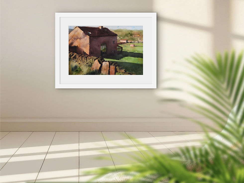 Thumbnail: painting of an old barn with a reflective window in a bright interior