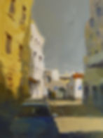 painting of a grey sky with Portugese buildings and street