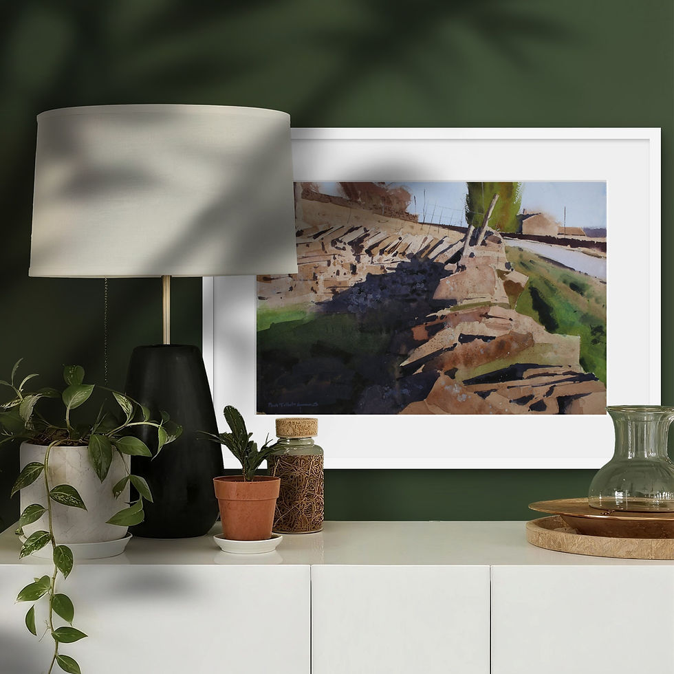 Thumbnail: painting of boundary walls hung against a green wall