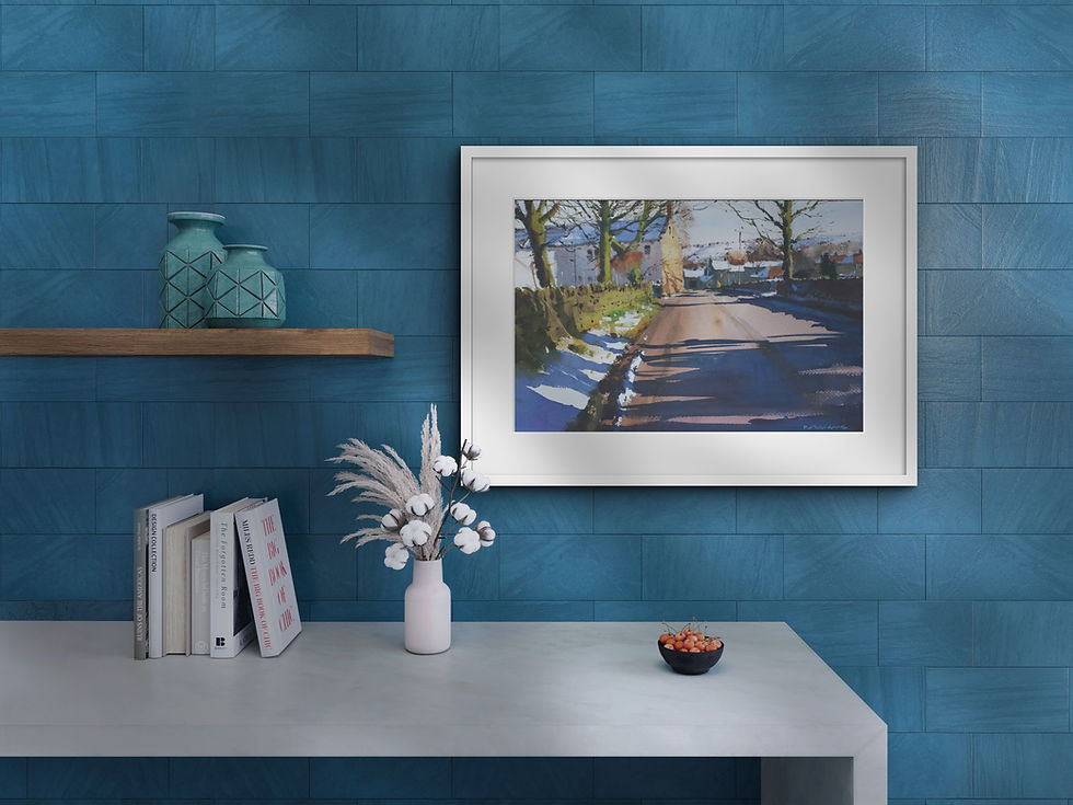 Thumbnail: painting hung on a blue wall