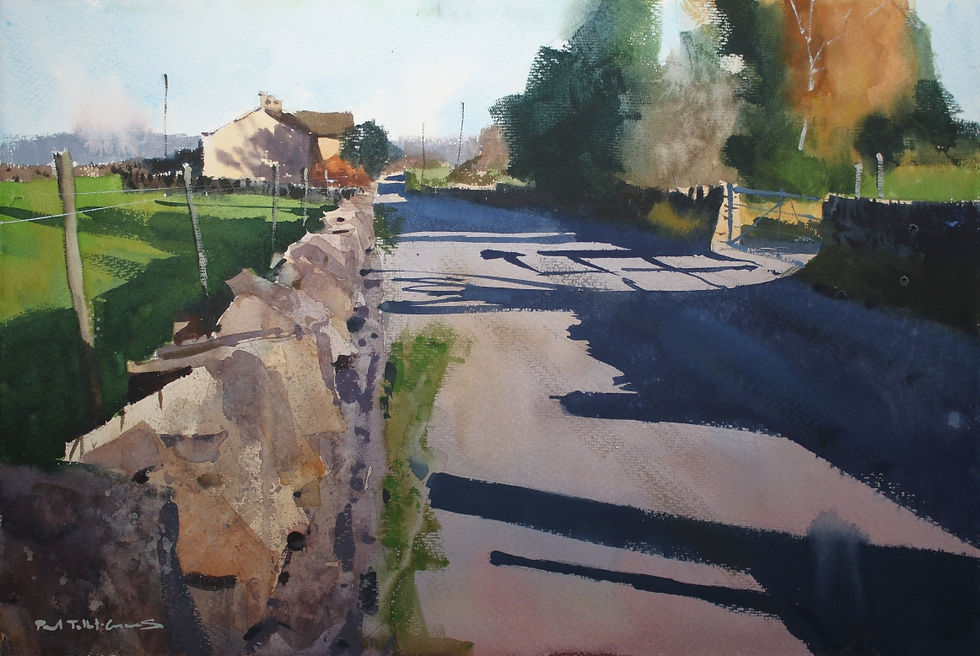 painting of a road leading to the distance with shadows crossing the foreground