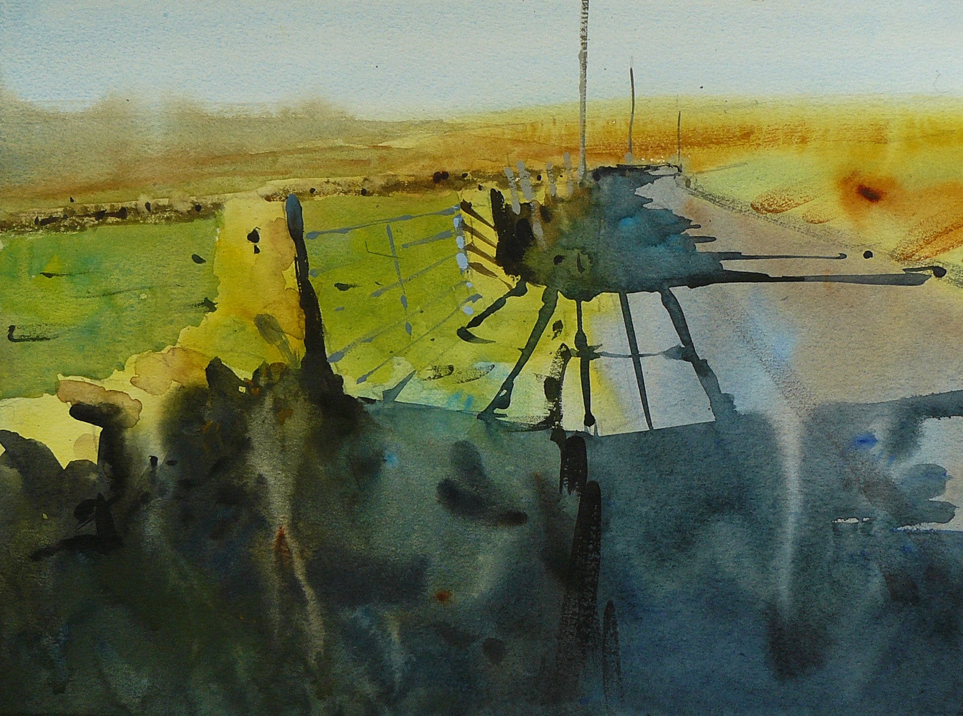 painting of a farm with distant green fields