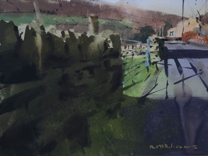 painting of a lane with a gate and strong shadows