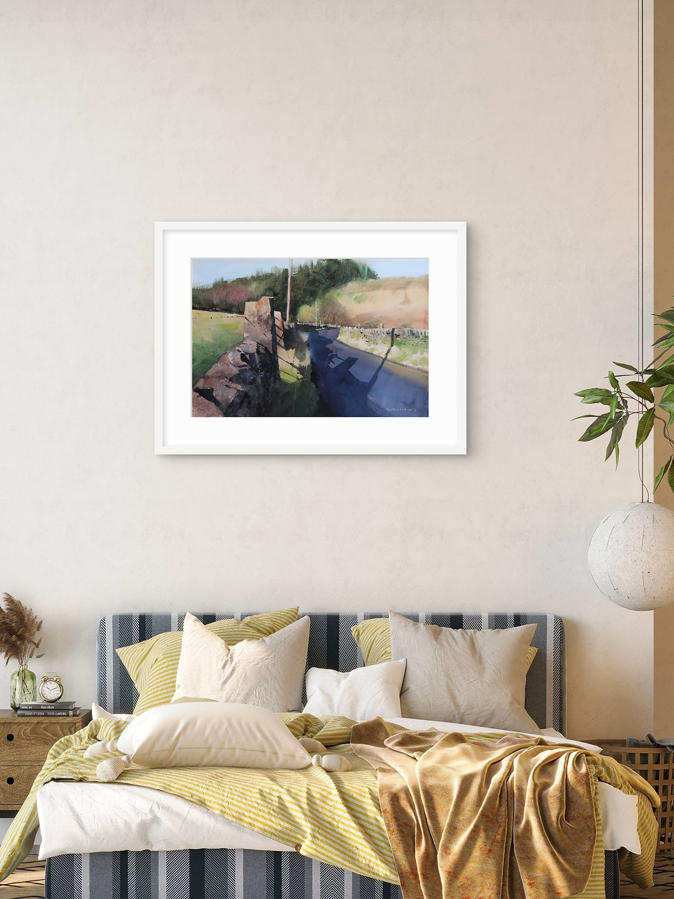 Thumbnail: watercolour landscape painting of a road with strong light casting shadows through a gate