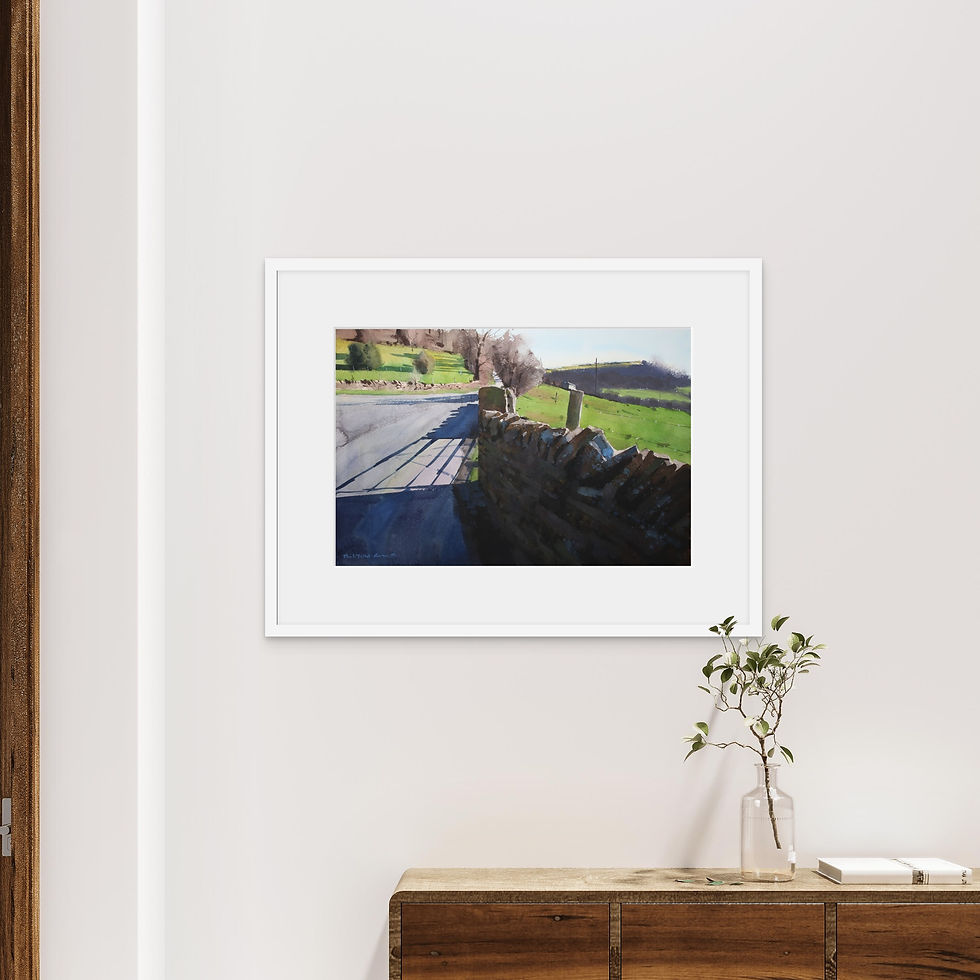 Thumbnail: Painting of a road and drystone wall with cast spring shadows