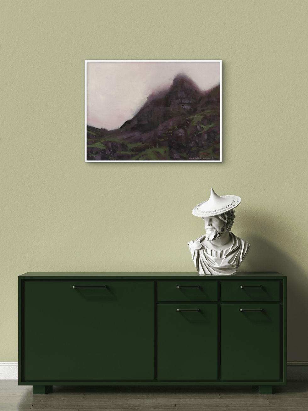 Painting of a mountainside cloaked in mist