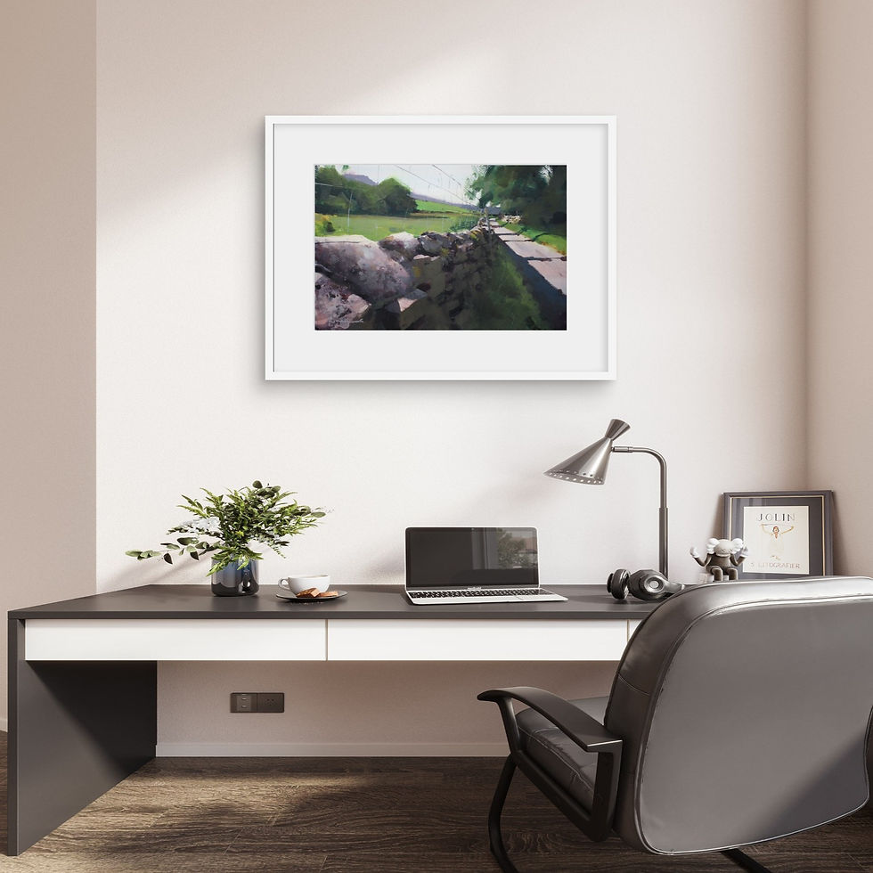 Thumbnail: Painting of a view down a lane in summer with a slight view of Ingleborough in the distance