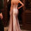 Thumbnail: rose gold v neck fitted dress with beaded corset top and gathered hips rhinestone covered casting skirt with peplum