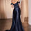 Thumbnail: back view navy Off the shoulder sweetheart neckline fitted satin dress with an asymmetrical lace corset bodice