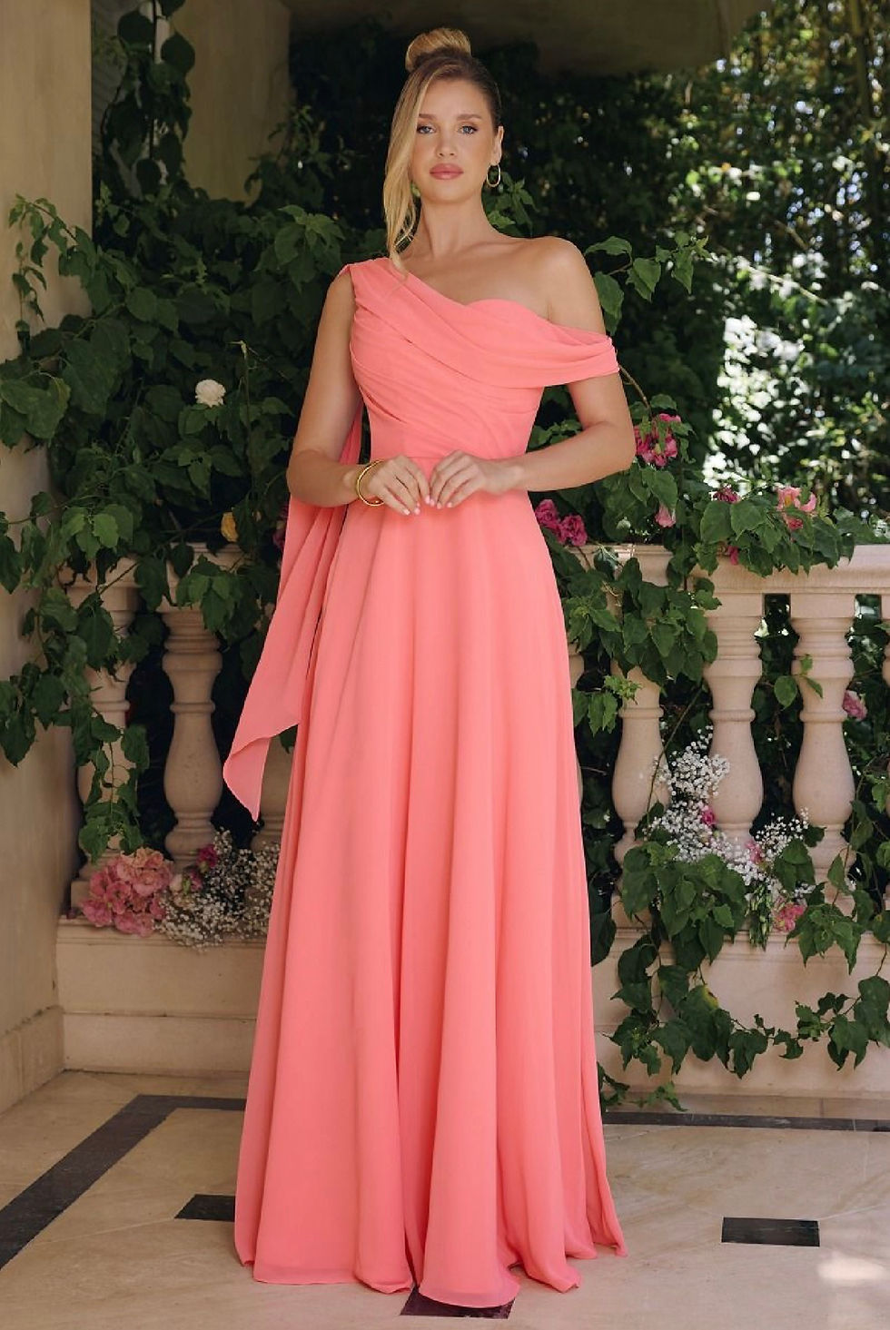 Thumbnail: soft coral one shoulder a line chiffon gown with an asymmetrical cape