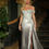 Thumbnail: video Off the shoulder sweetheart neckline fitted satin dress with an asymmetrical lace corset bodice
