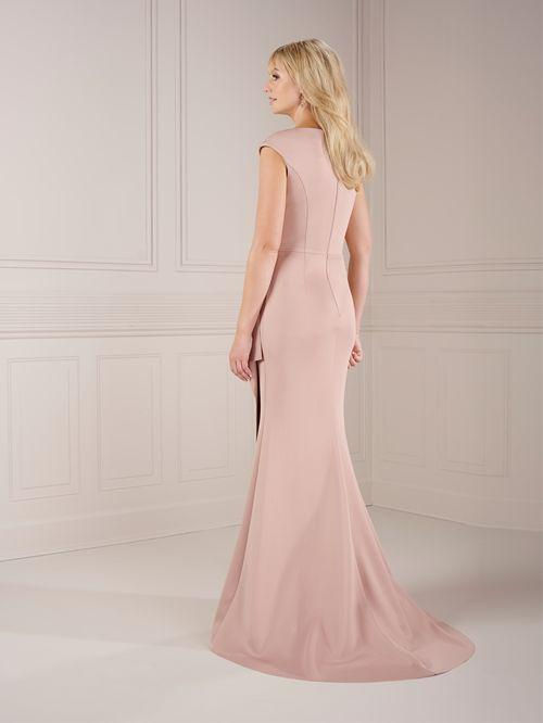 Thumbnail: rose gold fitted mother of the bride dress with rouching and a side ruffle