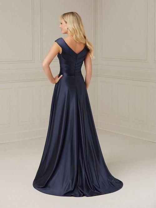 navy back view off the shoulder v neckline a-line gown with a pleated skirt