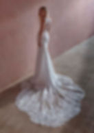 back view mermaid fit crepe wedding gown with illusion lace keyhole back and dramatic lace train