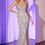 Thumbnail: silver Fit and flare strapless beaded gown with linear pearl and rhinestone beads and a corset top
