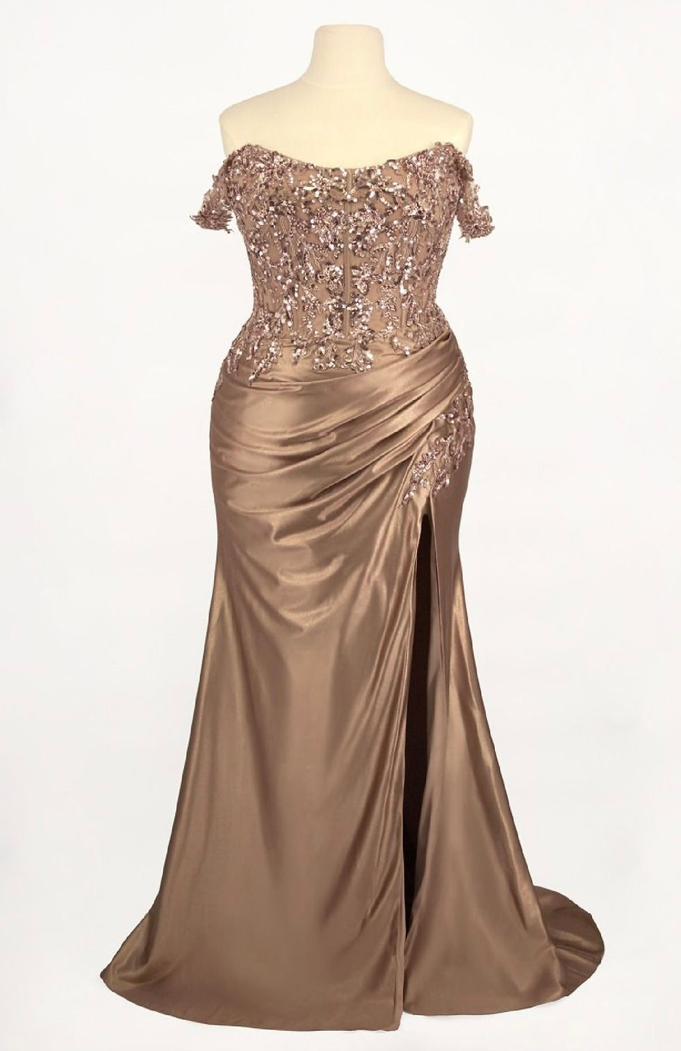 Thumbnail: mocha gold off the shoulder dress with scoop neckline, sequin lace bodice and rouched satin skirt with slit and corset back