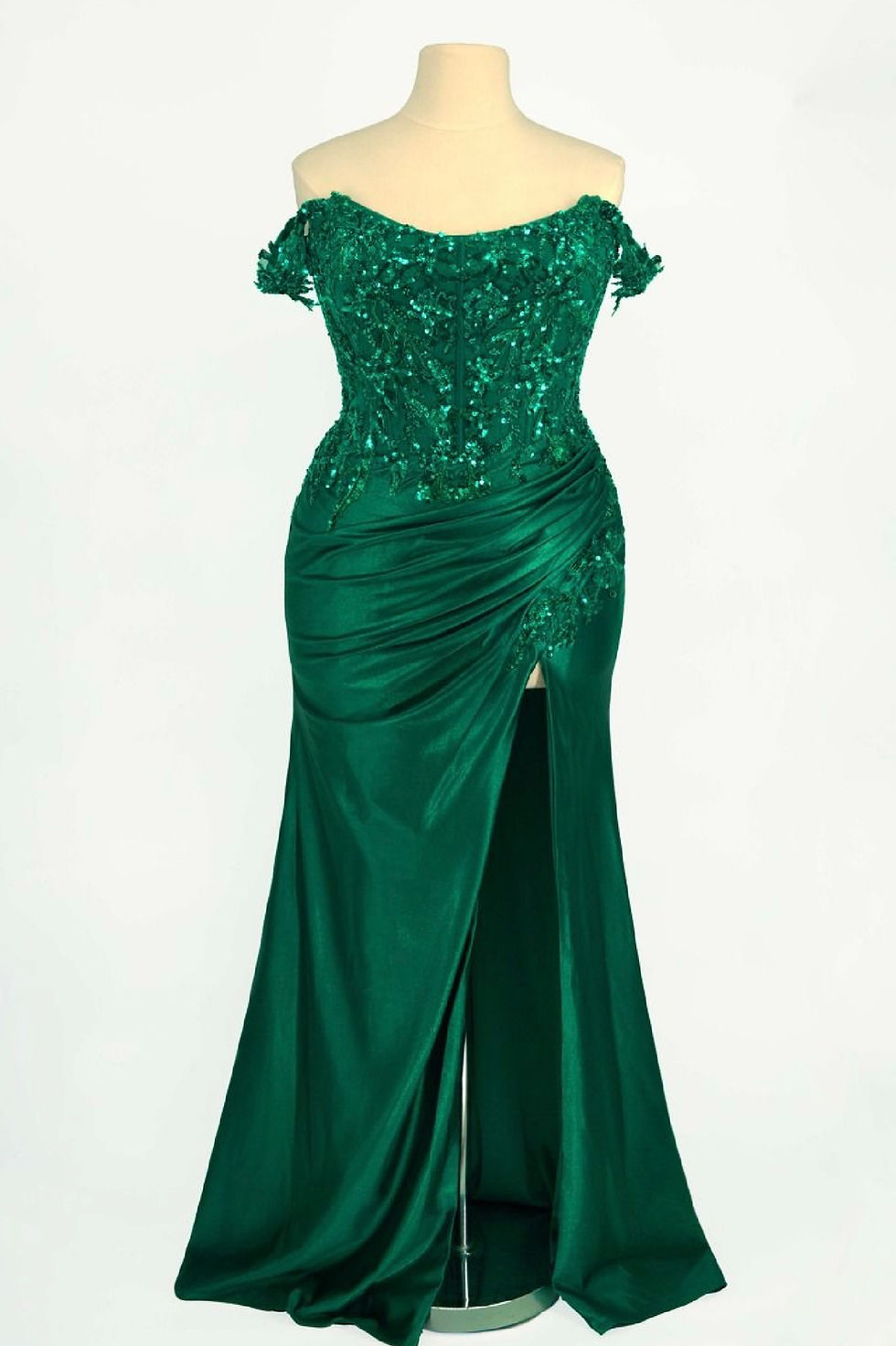 Thumbnail: green curvy off the shoulder dress with scoop neckline, sequin lace bodice and rouched satin skirt with slit and corset back