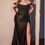 Thumbnail: black off the shoulder dress with scoop neckline, sequin lace bodice and rouched satin skirt with slit and corset back