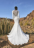 back view fit n flare crepe wedding gown with a high illusion back, lace side cutouts and long fitted crepe sleeves
