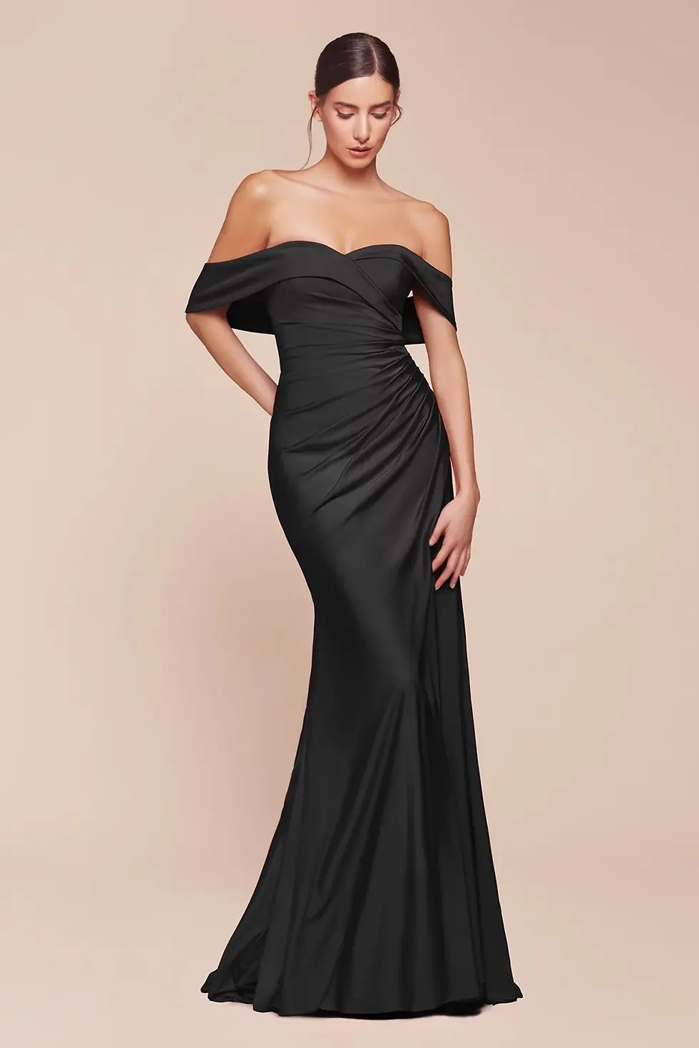Thumbnail: black stretch satin off the shoulder formal gown with a slit and rouching