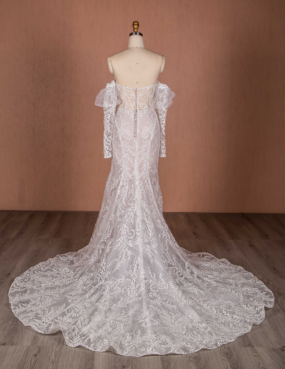 Thumbnail: Back view fully beaded strapless wedding dress with dramatic train