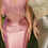 Thumbnail: Rose and sage fitted prom dress with a Basque was it lace corset top with sweetheart neckline and straps with a satin skirt