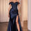 Thumbnail: navy Off the shoulder sweetheart neckline fitted satin dress with an asymmetrical lace corset bodice