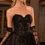 Thumbnail: Close up black Strapless corset bodice a line lace dress with detached long sleeves