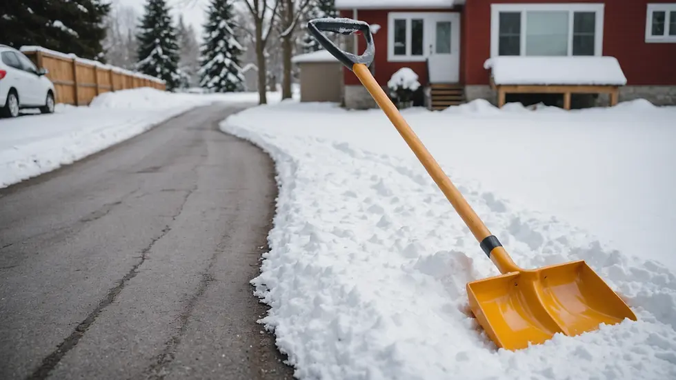 Eye-level view of a snowy driveway with a snow shovel resting nearby
