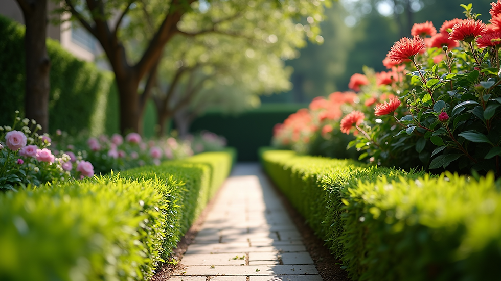 Eye-level view of a well-maintained garden with trimmed bushes and vibrant flowers
