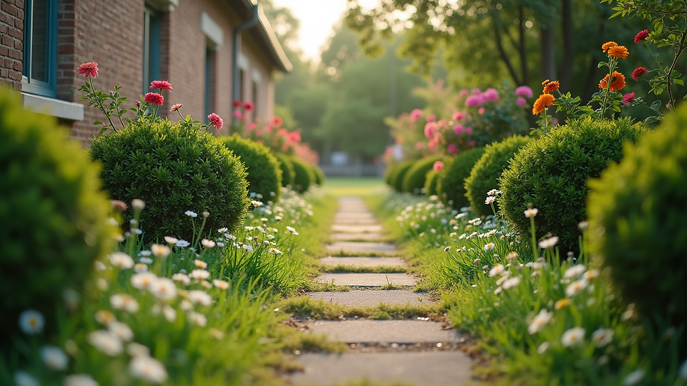 Eye-level view of a well-maintained garden with trimmed shrubs and blooming flowers
